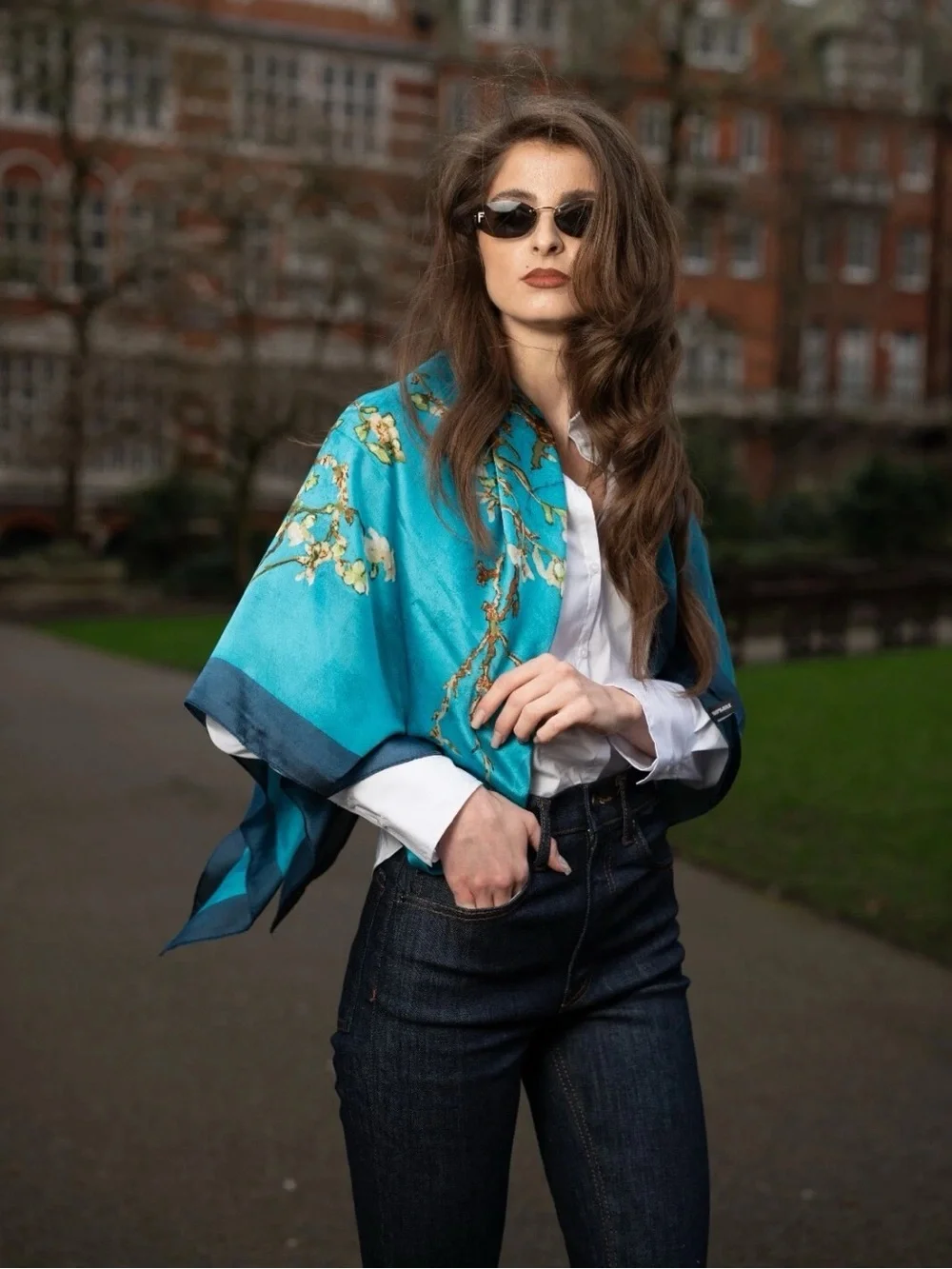 AmaWaterways Van Gogh Almond Blossom Satin Scarf Oversized Shawl Blue